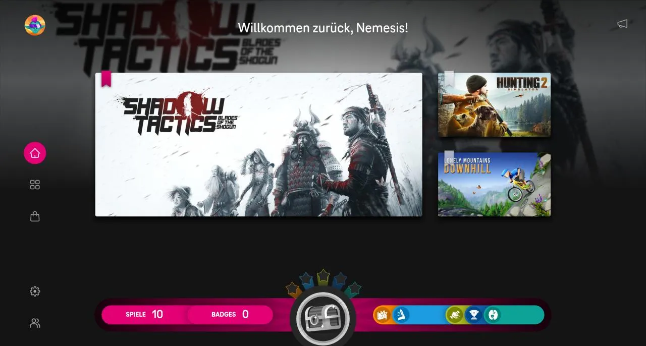 MagentaGaming player dashboard with Shadow Tactics as the featured title, game tiles for Hunting Simulator 2 and Lonely Mountains Downhill, and a progress bar with badges